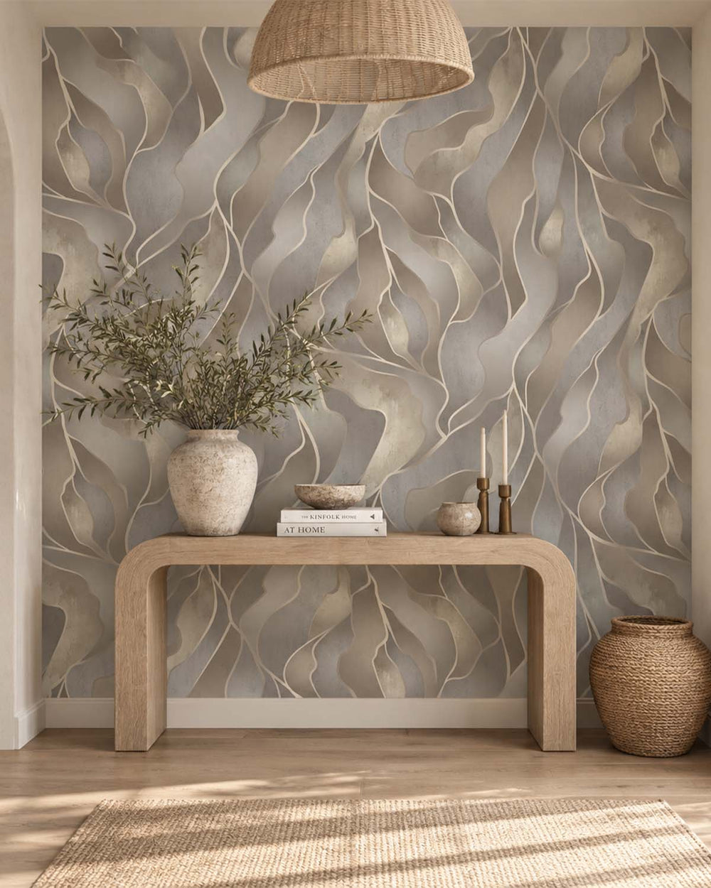 Bauhaus Tan Abstract Flowing Wave Residential Mural RM9218