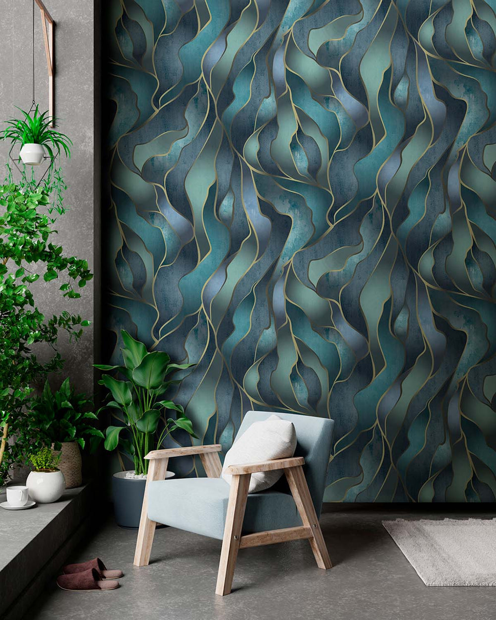 Lily Pond Blue Abstract Flowing Wave Residential Mural RM9219