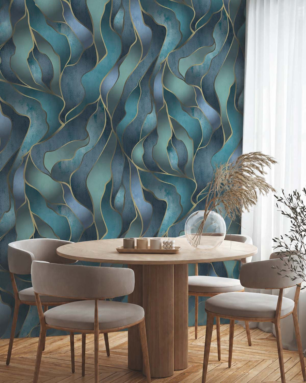 Lily Pond Blue Abstract Flowing Wave Residential Mural RM9219