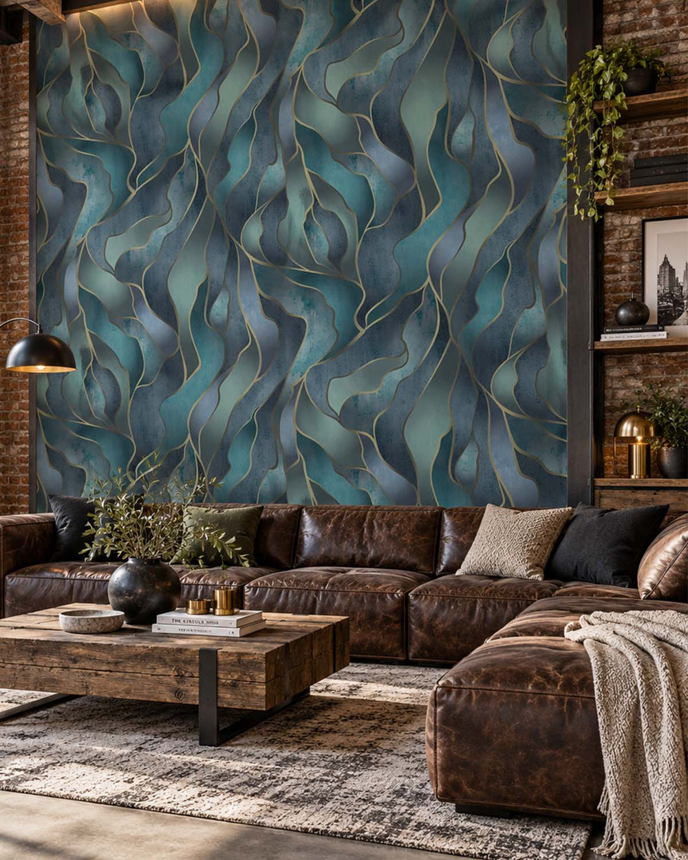 Lily Pond Blue Abstract Flowing Wave Residential Mural RM9219