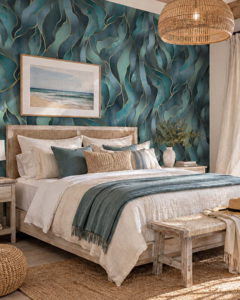 Lily Pond Blue Abstract Flowing Wave Residential Mural RM9219