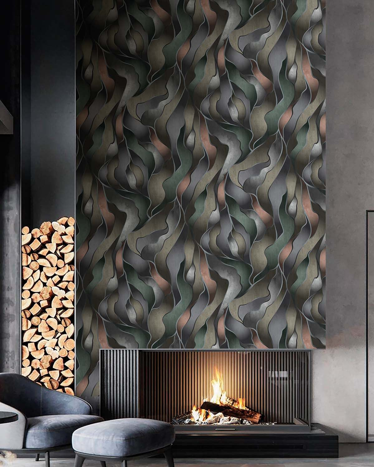 Hockham Green Abstract Flowing Wave Wallpaper Panels RM9220