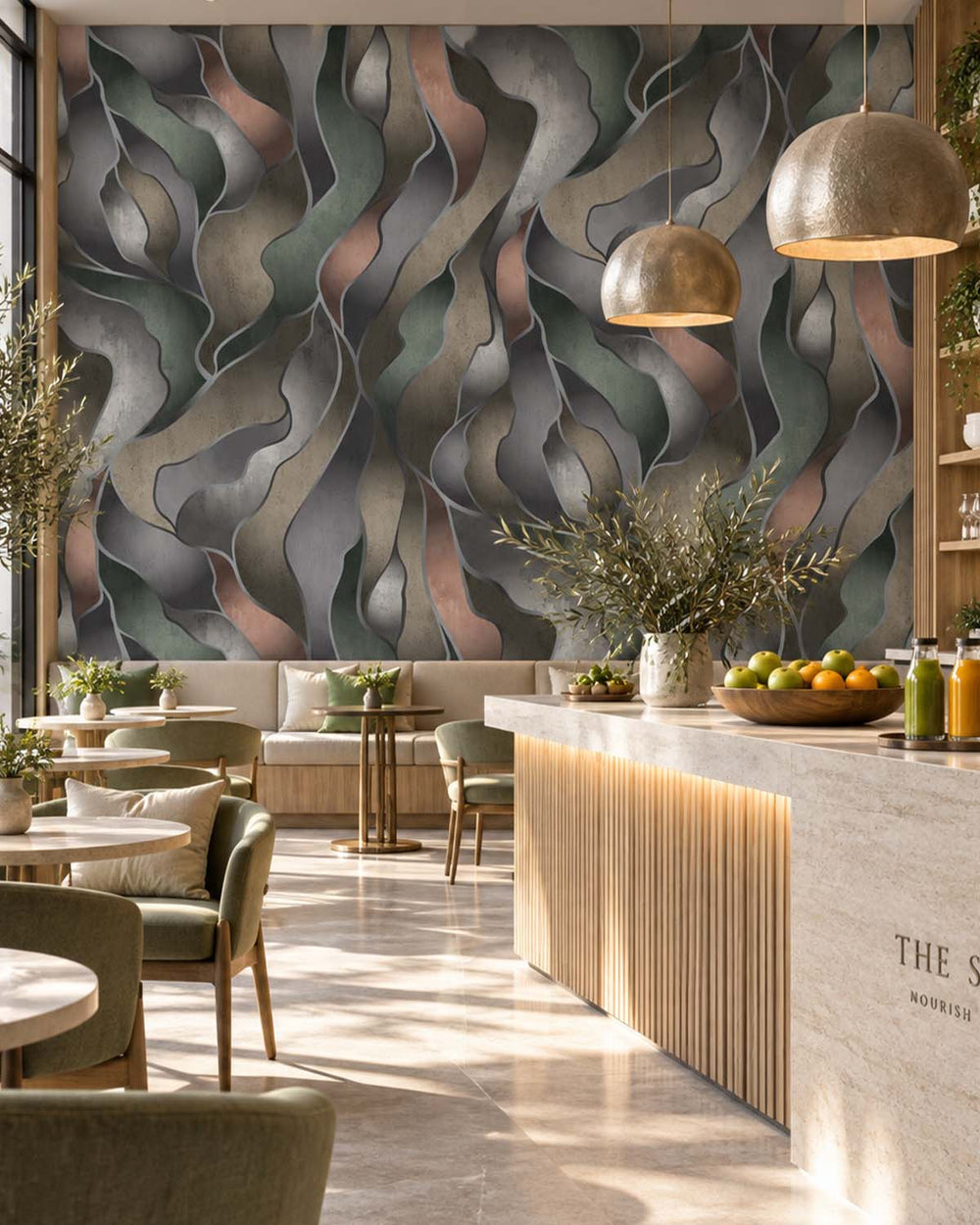 Hockham Green Abstract Flowing Wave Wallpaper Panels RM9220