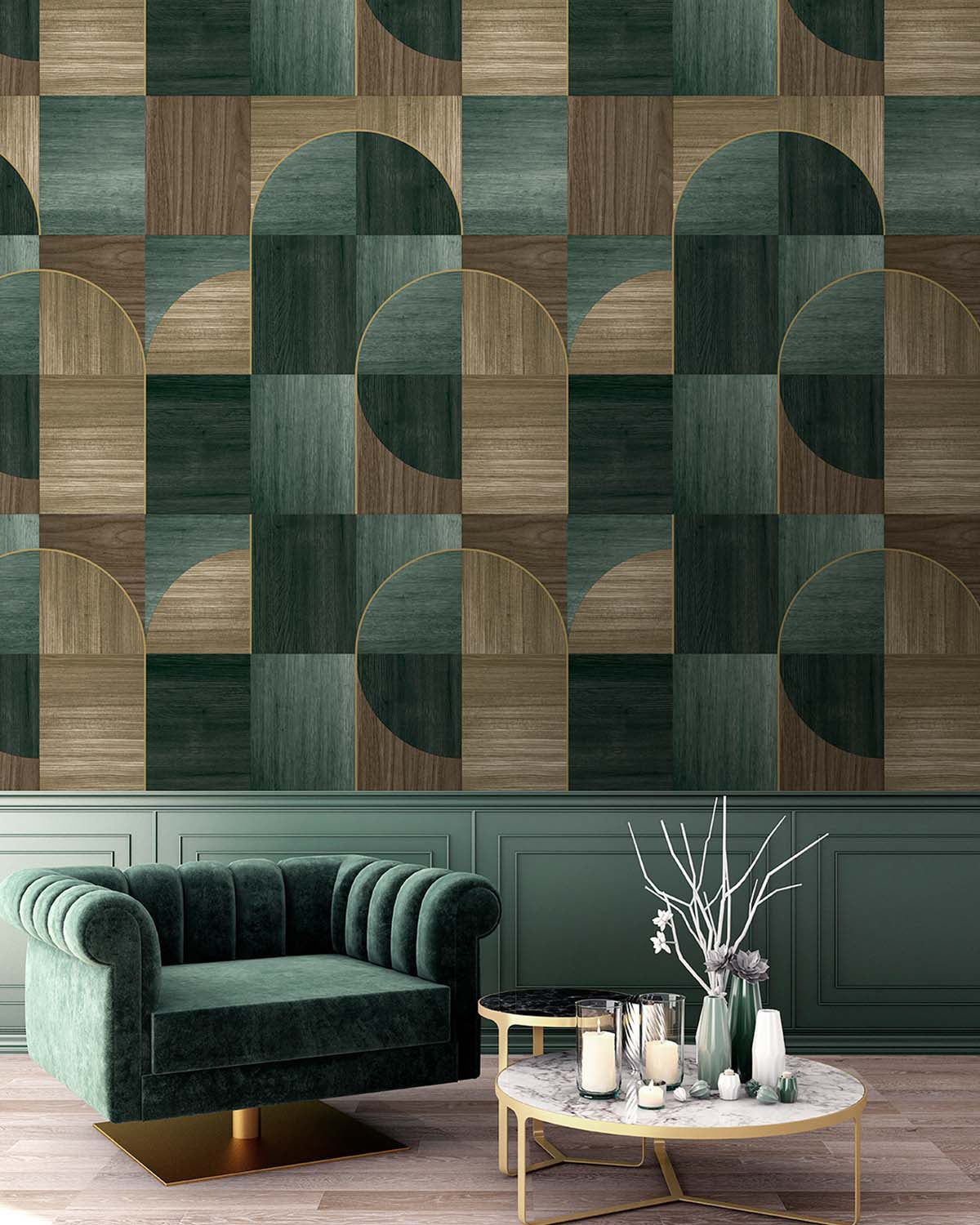 Cardin Green Geometric Wood Inlay  Wallpaper Panels RM9225
