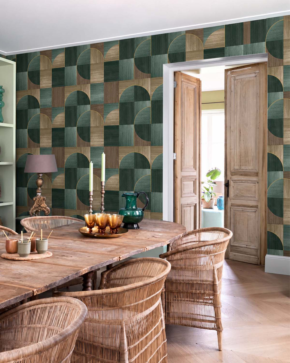 Cardin Green Geometric Wood Inlay  Residential Mural RM9225