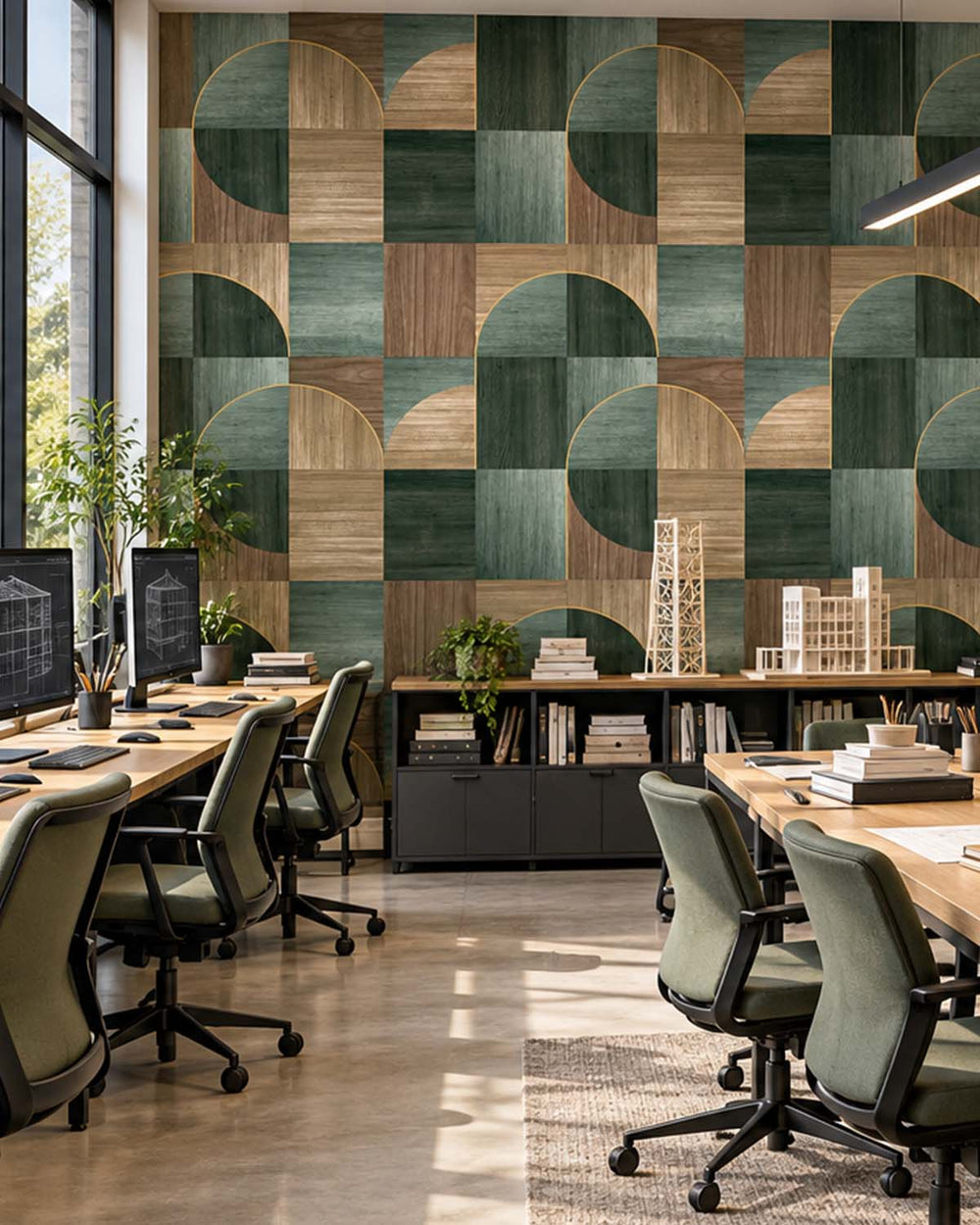 Cardin Green Geometric Wood Inlay  Residential Mural RM9225