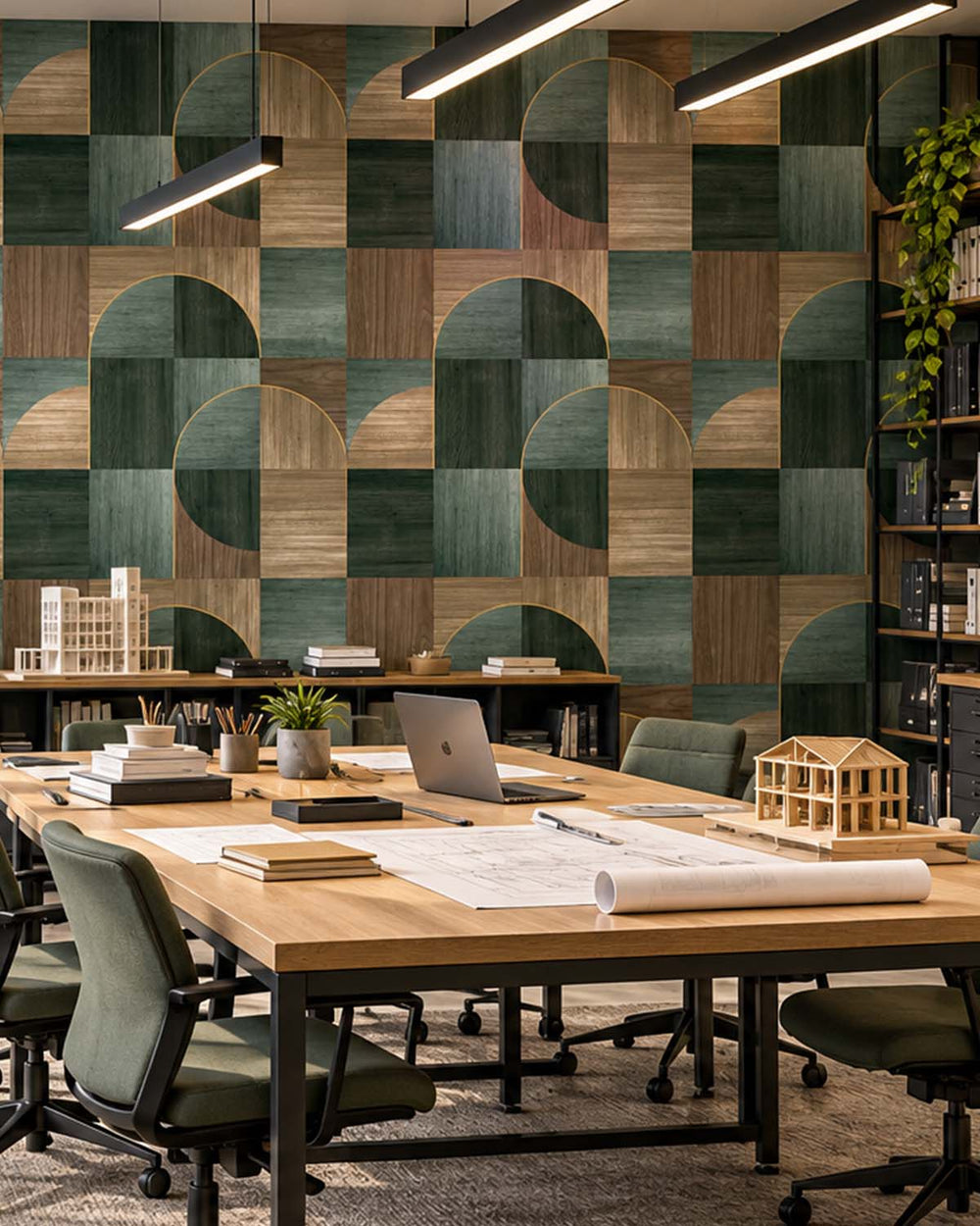 Cardin Green Geometric Wood Inlay  Residential Mural RM9225