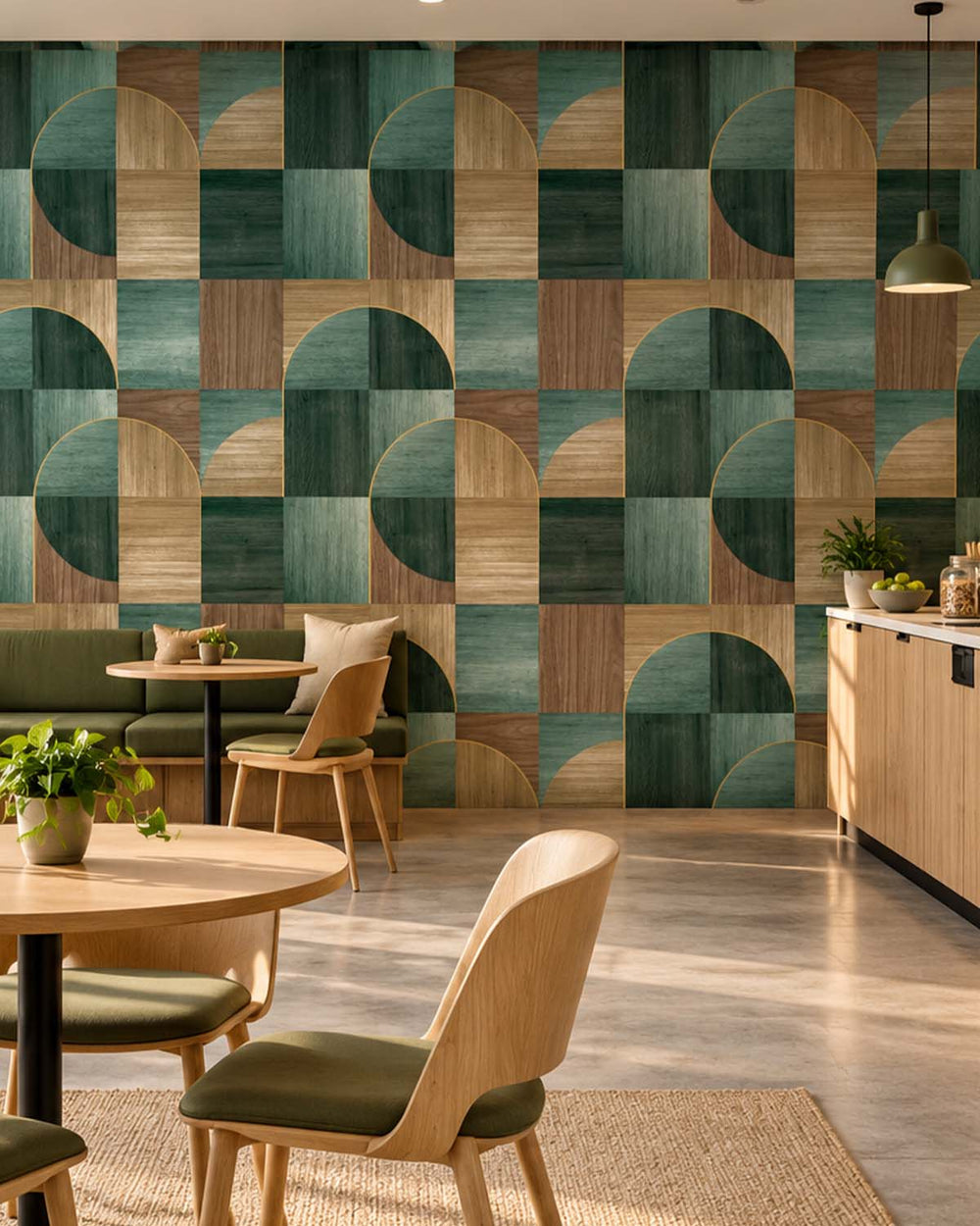 Cardin Green Geometric Wood Inlay  Residential Mural RM9225