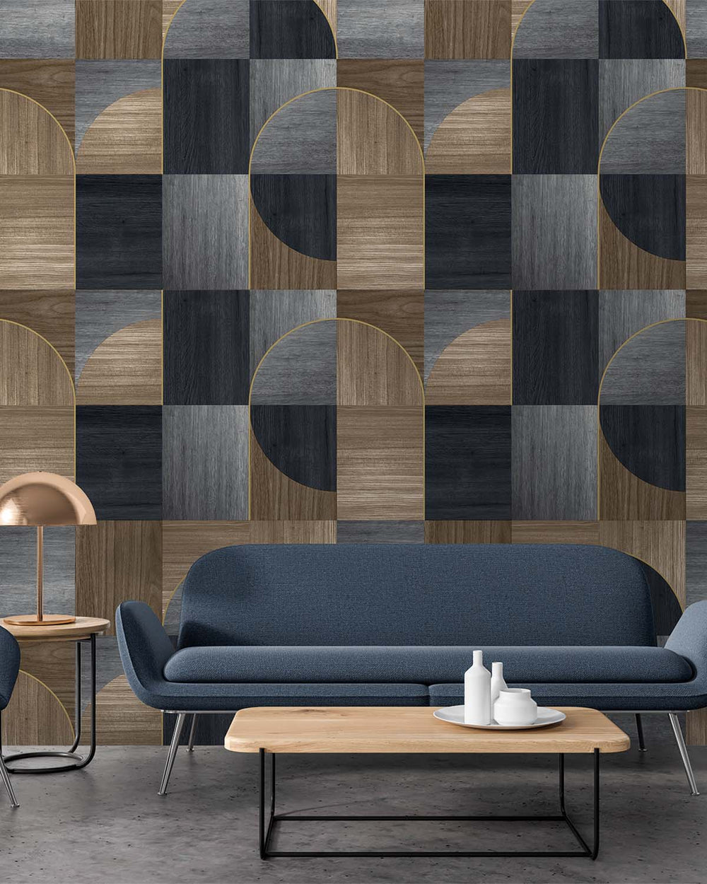 Blue Charcoal Geometric Wood Inlay  Residential Mural RM9226