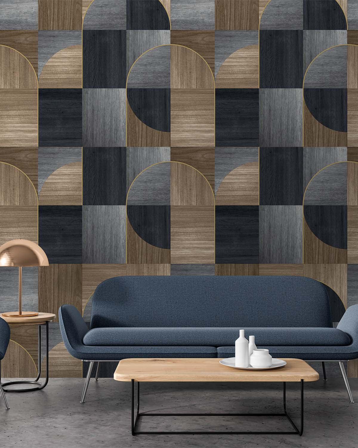 Blue Charcoal Geometric Wood Inlay  Wallpaper Panels RM9226