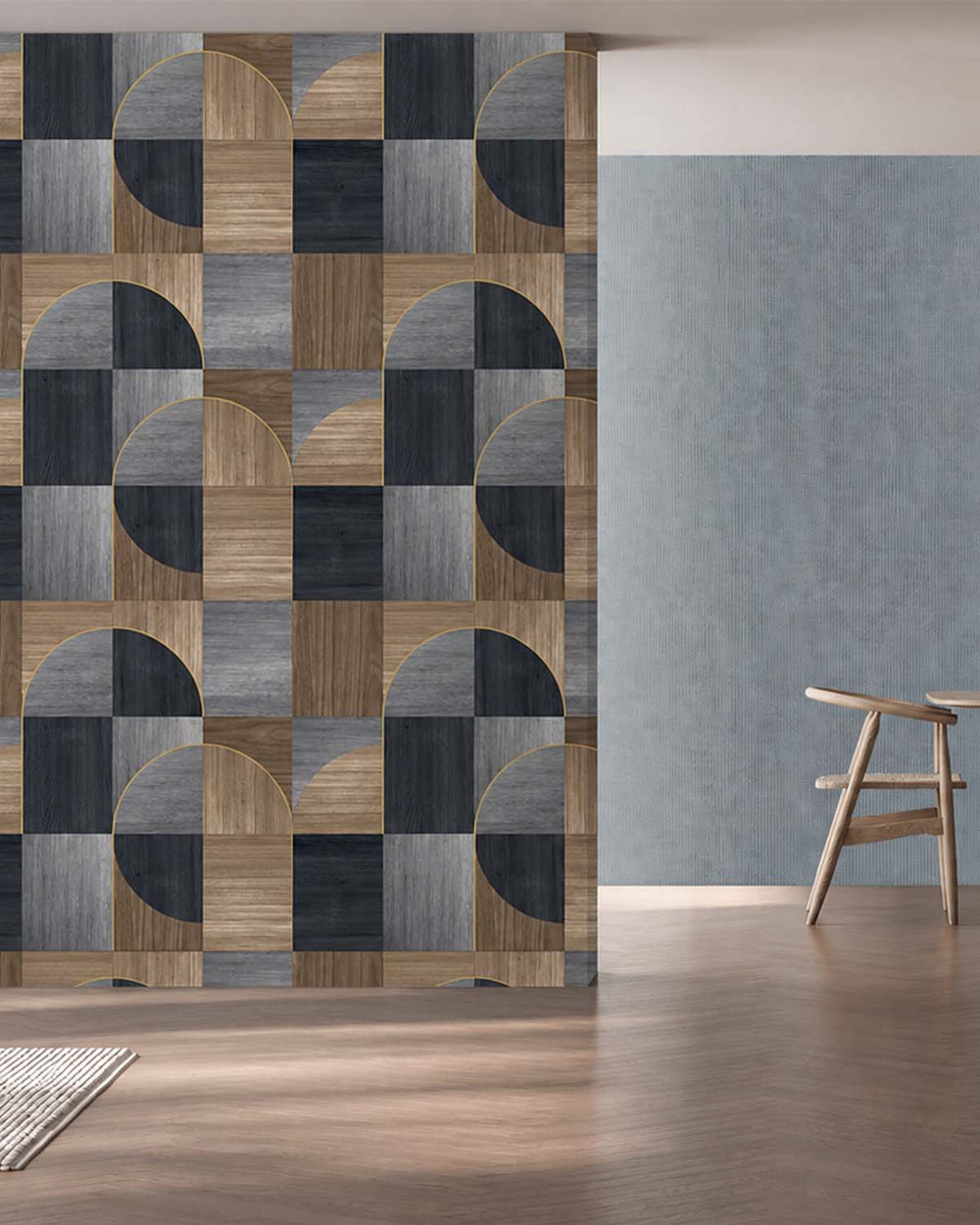Blue Charcoal Geometric Wood Inlay  Residential Mural RM9226