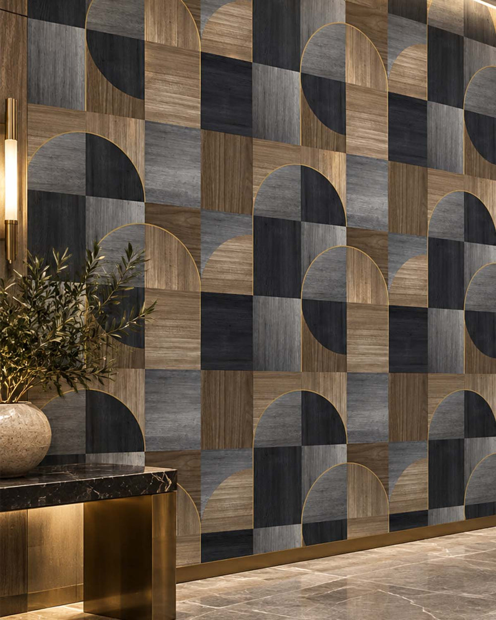 Blue Charcoal Geometric Wood Inlay  Residential Mural RM9226
