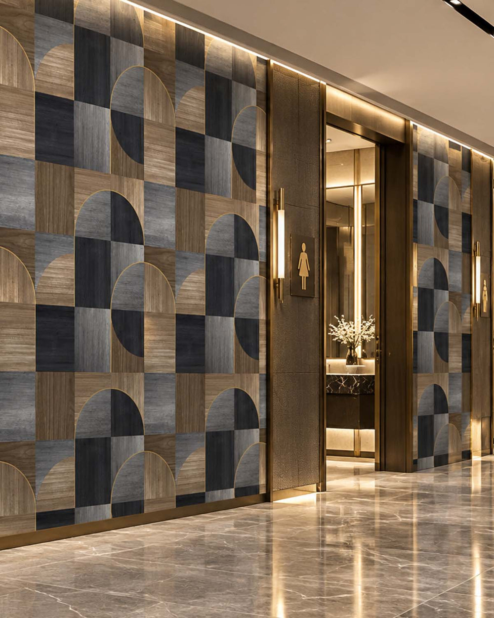 Blue Charcoal Geometric Wood Inlay  Residential Mural RM9226