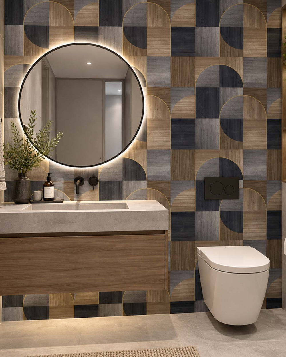 Blue Charcoal Geometric Wood Inlay  Residential Mural RM9226