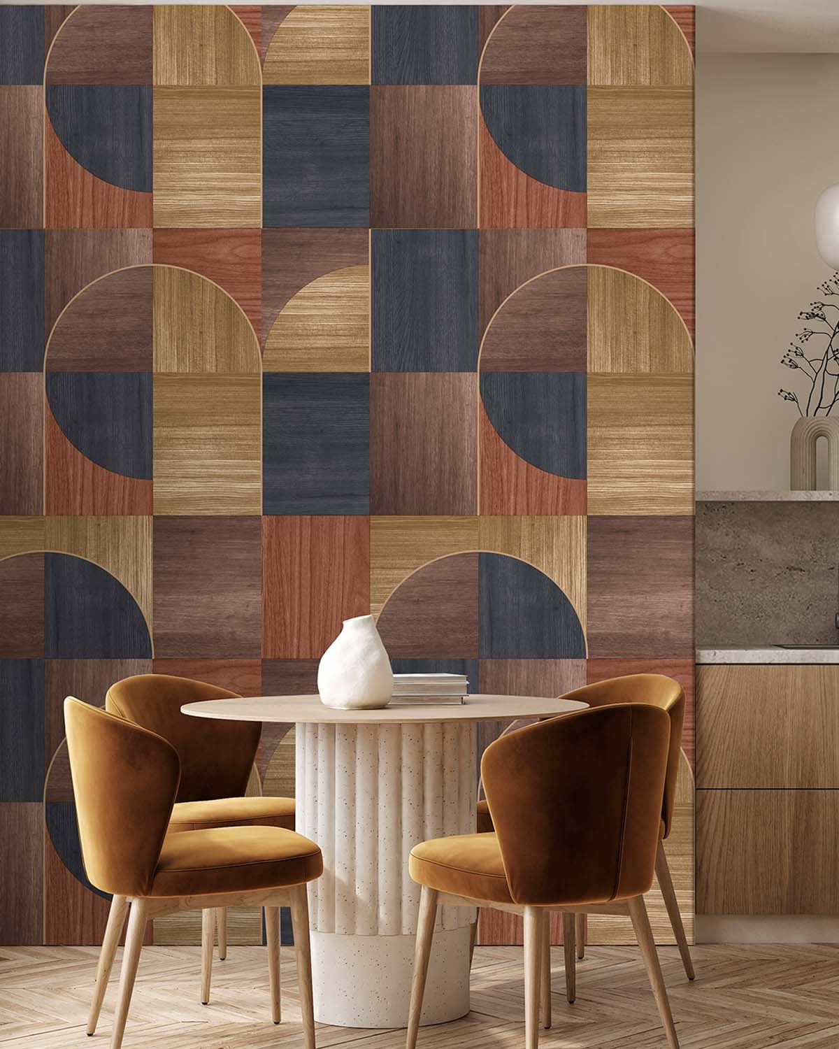 Chojicha Brown Geometric Wood Inlay  Wallpaper Panels RM9227