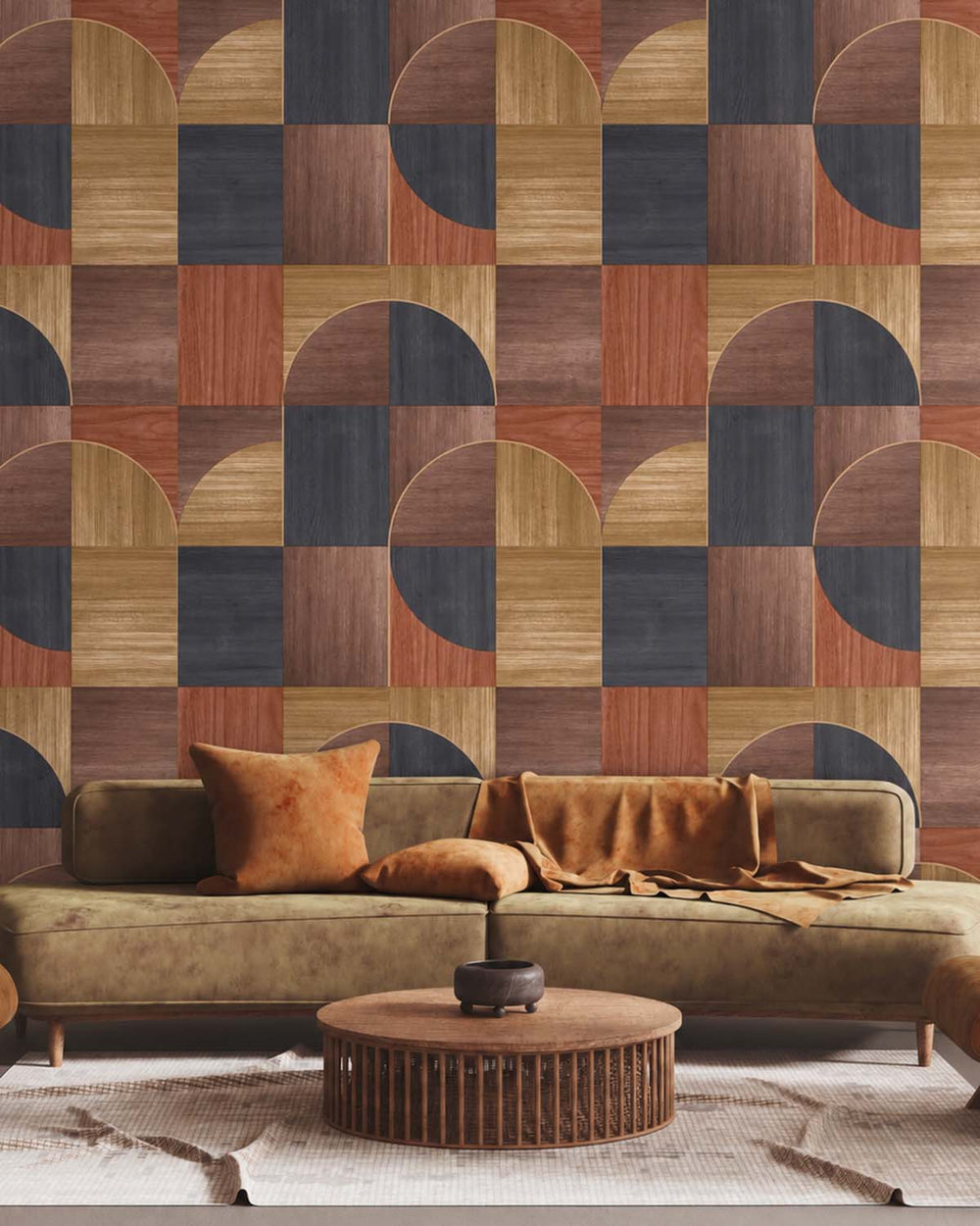 Chojicha Brown Geometric Wood Inlay  Residential Mural RM9227