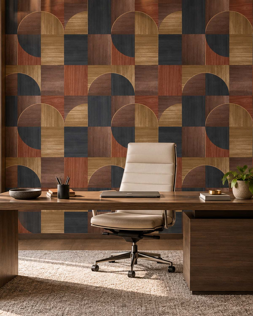 Chojicha Brown Geometric Wood Inlay  Residential Mural RM9227