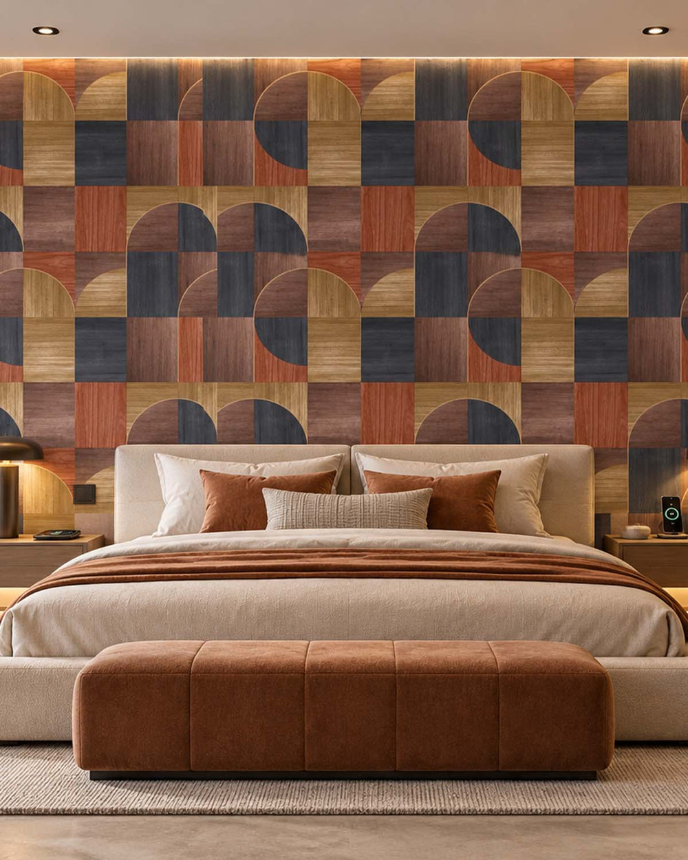Chojicha Brown Geometric Wood Inlay  Residential Mural RM9227
