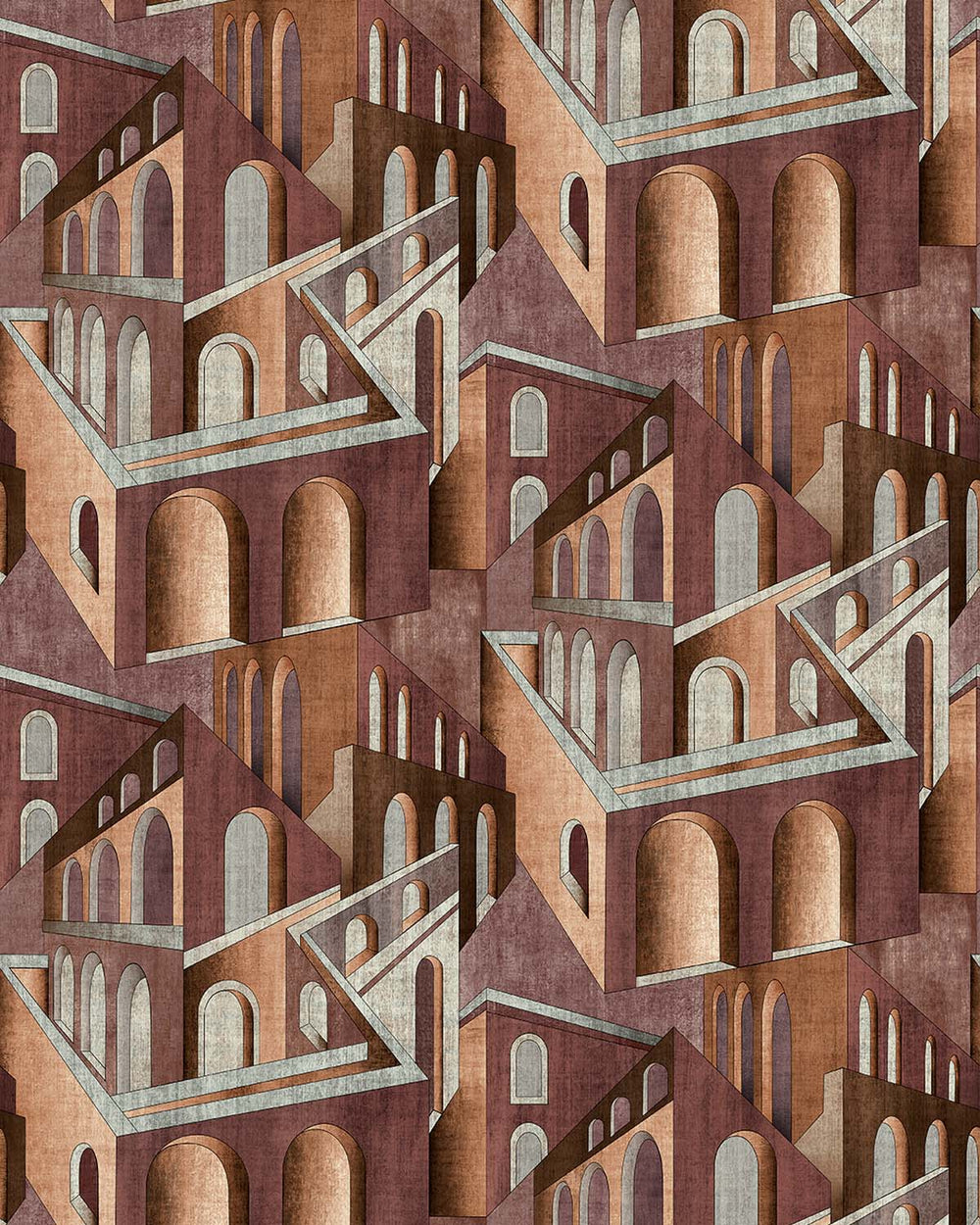 Umber Brown Escher-Style Architectural Illusion  Residential Mural RM9231