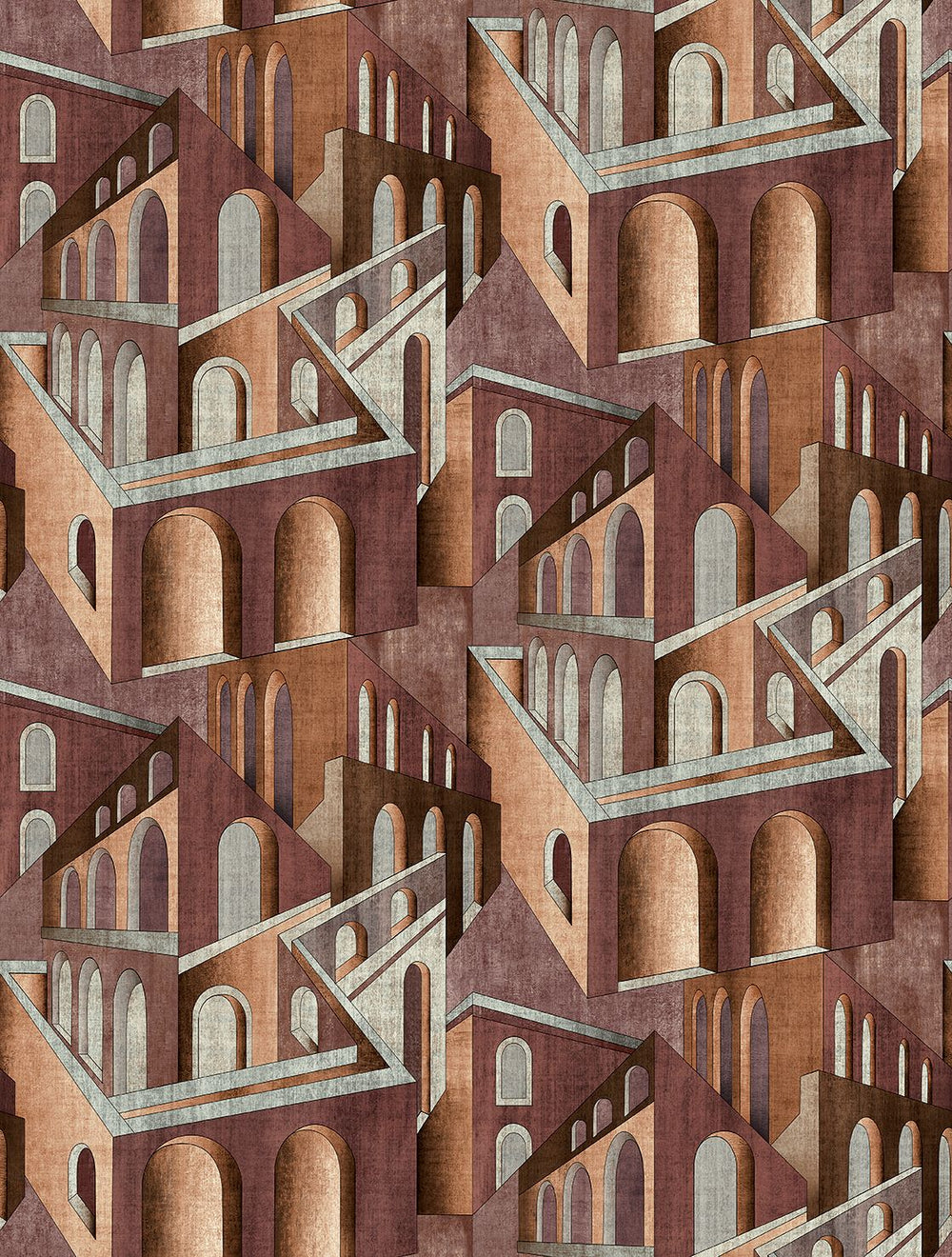 Umber Brown Escher-Style Architectural Illusion  Residential Mural RM9231