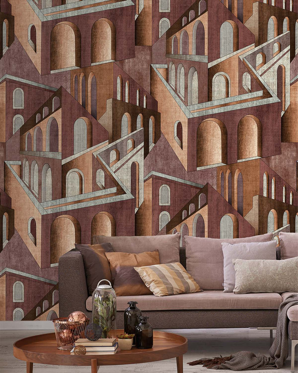 Umber Brown Escher-Style Architectural Illusion  Residential Mural RM9231