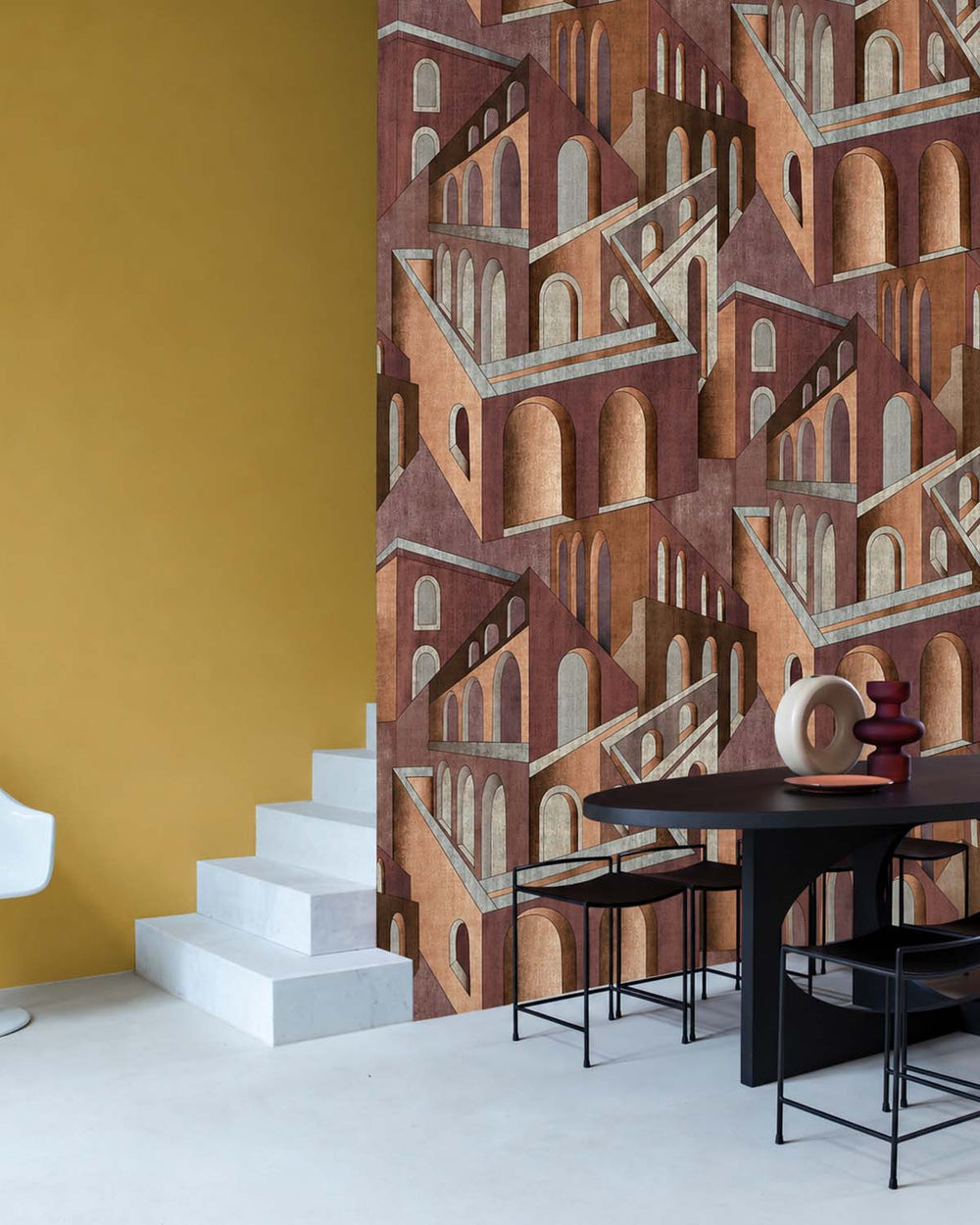 Umber Brown Escher-Style Architectural Illusion  Residential Mural RM9231