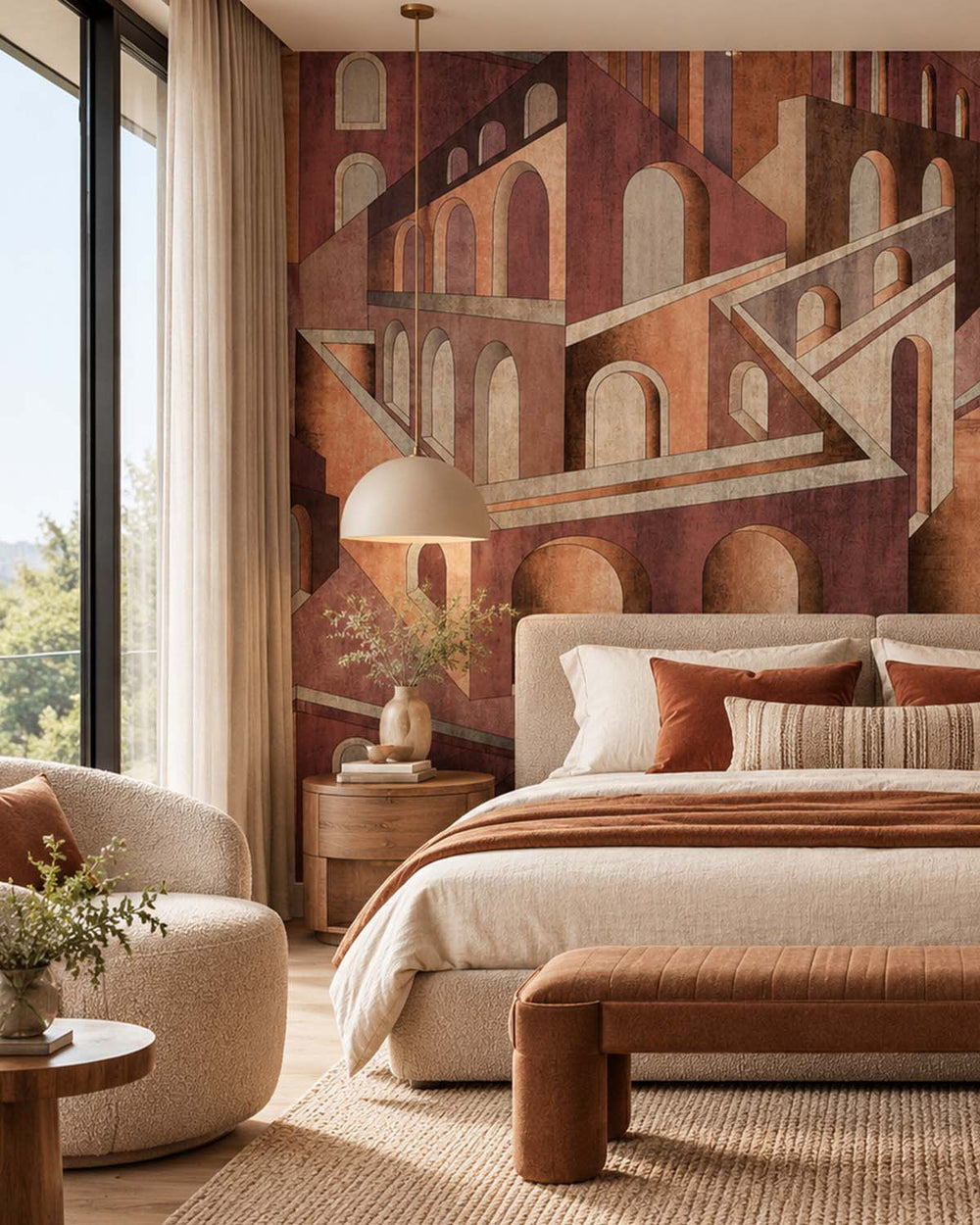 Umber Brown Escher-Style Architectural Illusion  Residential Mural RM9231