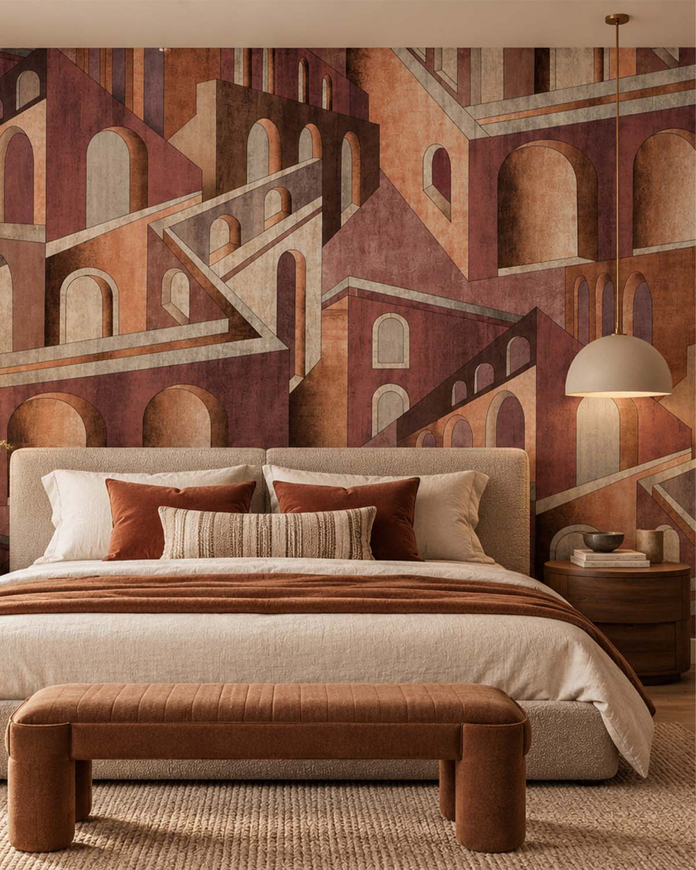 Umber Brown Escher-Style Architectural Illusion  Residential Mural RM9231