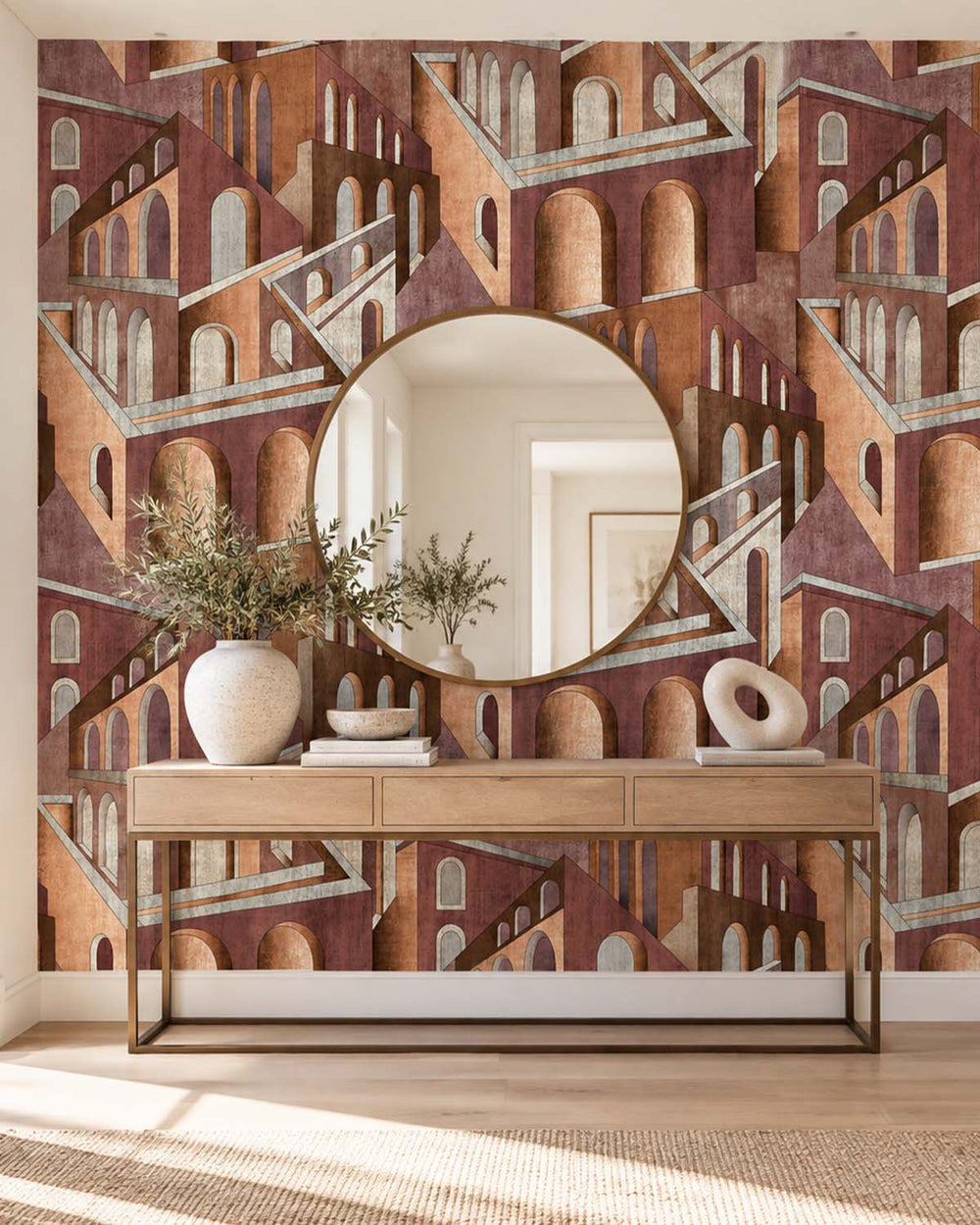 Umber Brown Escher-Style Architectural Illusion  Residential Mural RM9231