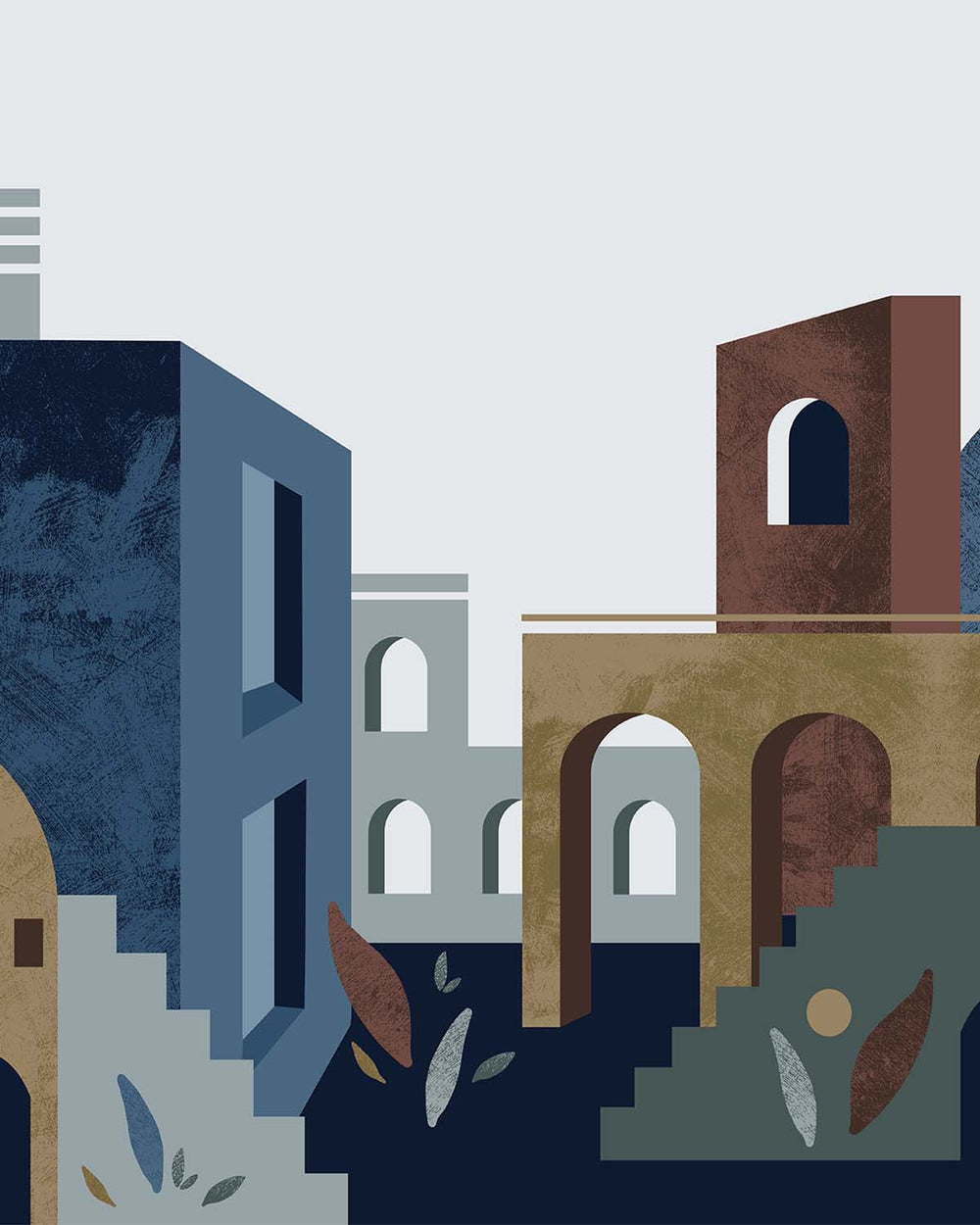 Celestial Blue Boho Arches & Desert Village Residential Mural RM9234