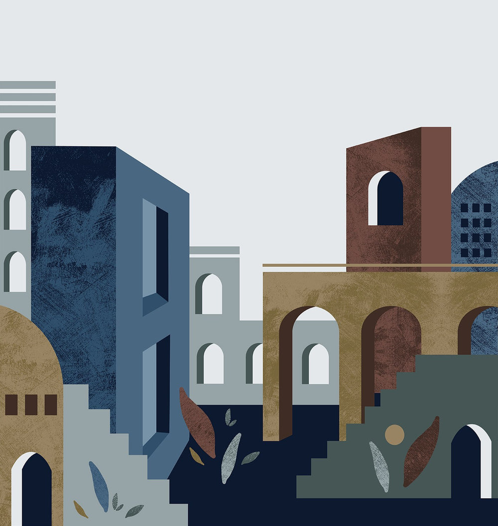 Celestial Blue Boho Arches & Desert Village Residential Mural RM9234