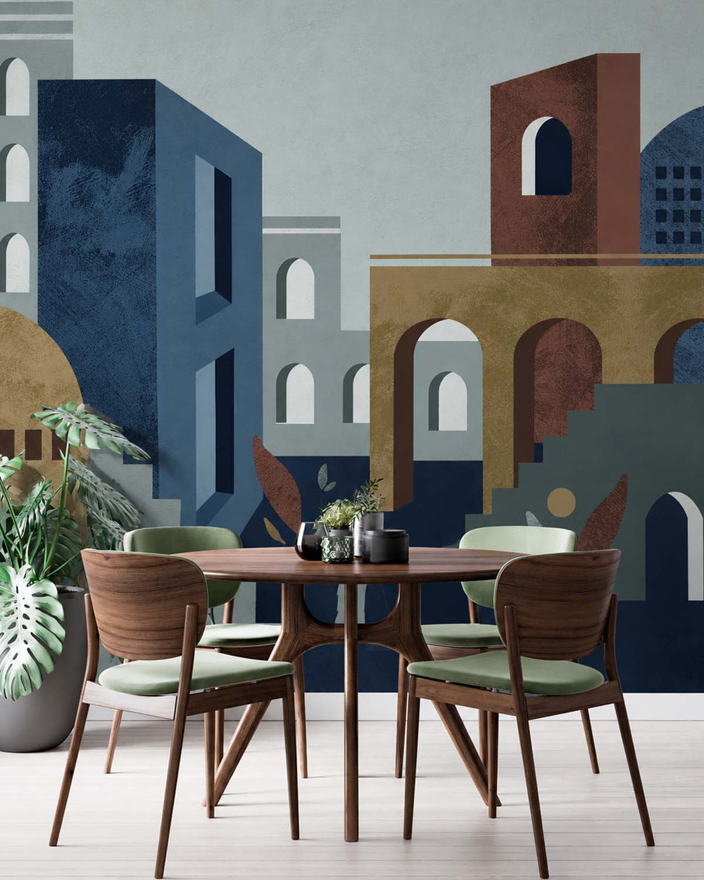 Celestial Blue Boho Arches & Desert Village Residential Mural RM9234
