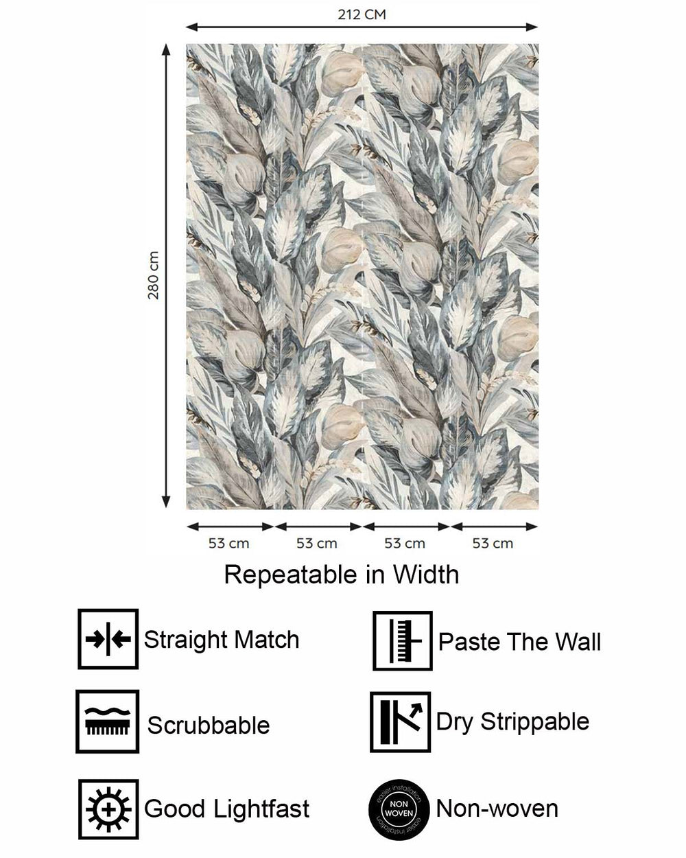 Silver Blue Vintage Tropical Botanical  Residential Mural RM9237