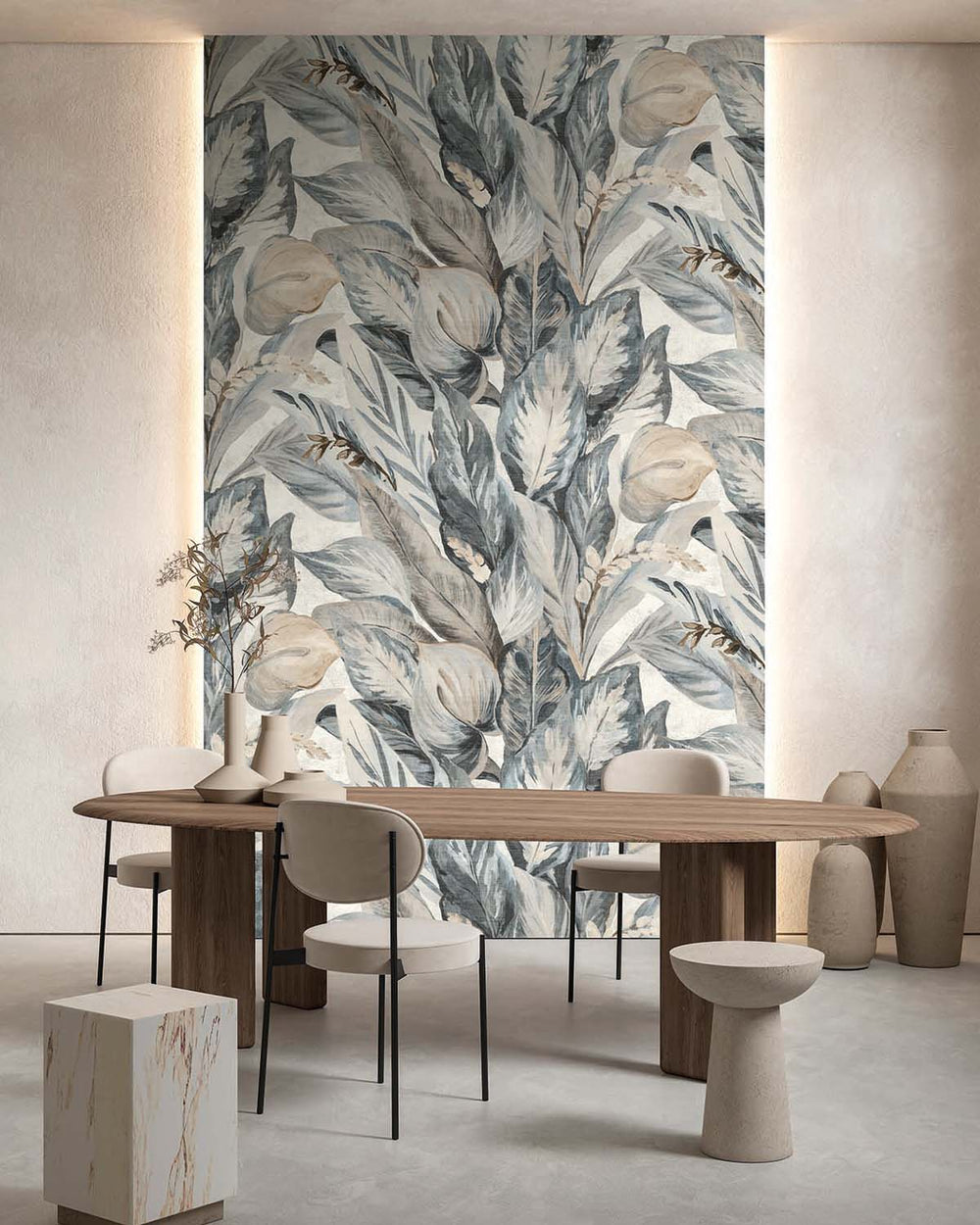 Silver Blue Vintage Tropical Botanical  Residential Mural RM9237