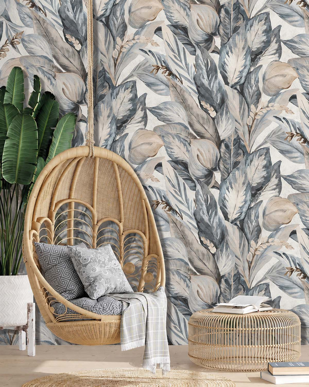 Silver Blue Vintage Tropical Botanical  Residential Mural RM9237