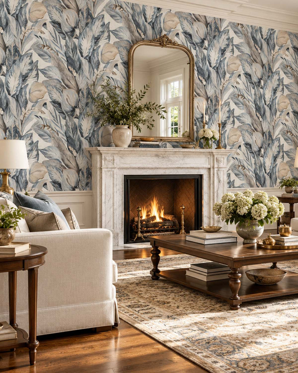 Silver Blue Vintage Tropical Botanical  Residential Mural RM9237