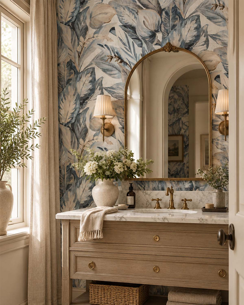 Silver Blue Vintage Tropical Botanical  Residential Mural RM9237