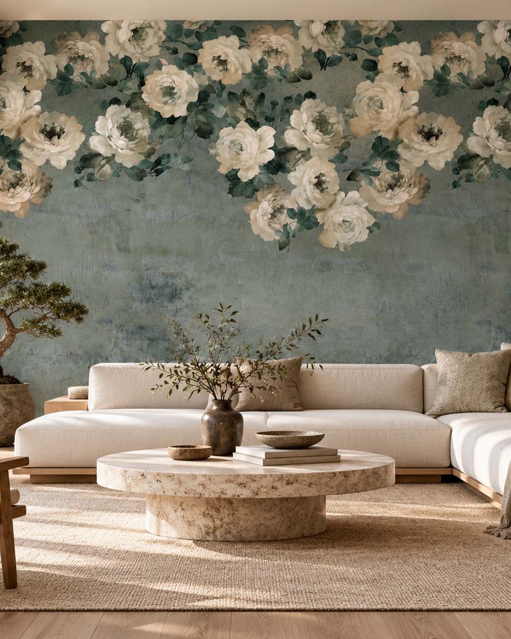 Mineral Green Peony and Rose Arbour Residential Mural RM9244