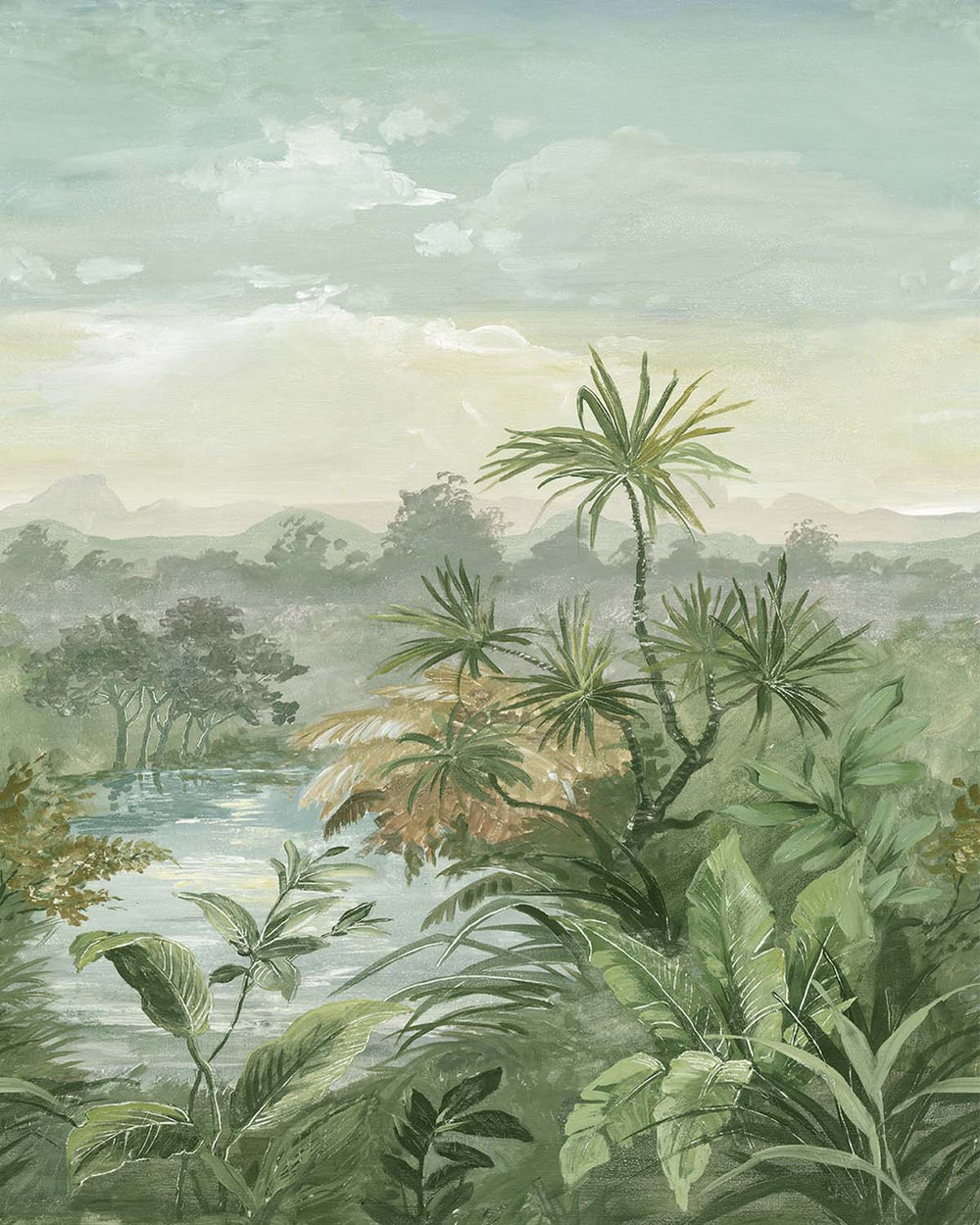 Chalet Green Vintage Tropical Chinoiserie Residential Mural RM9260