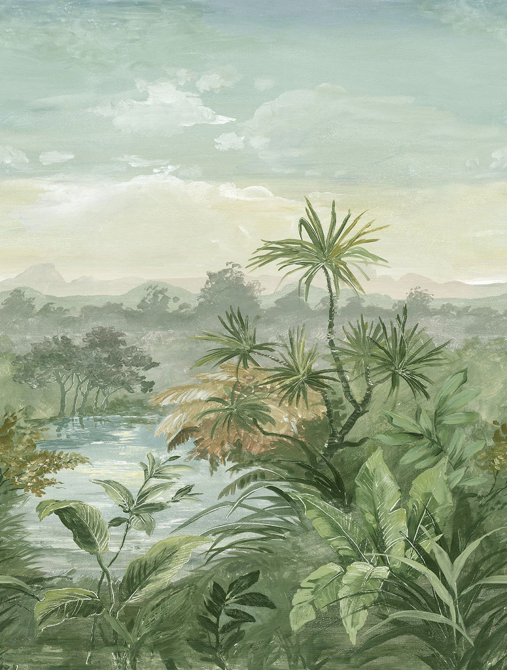 Chalet Green Vintage Tropical Chinoiserie Residential Mural RM9260