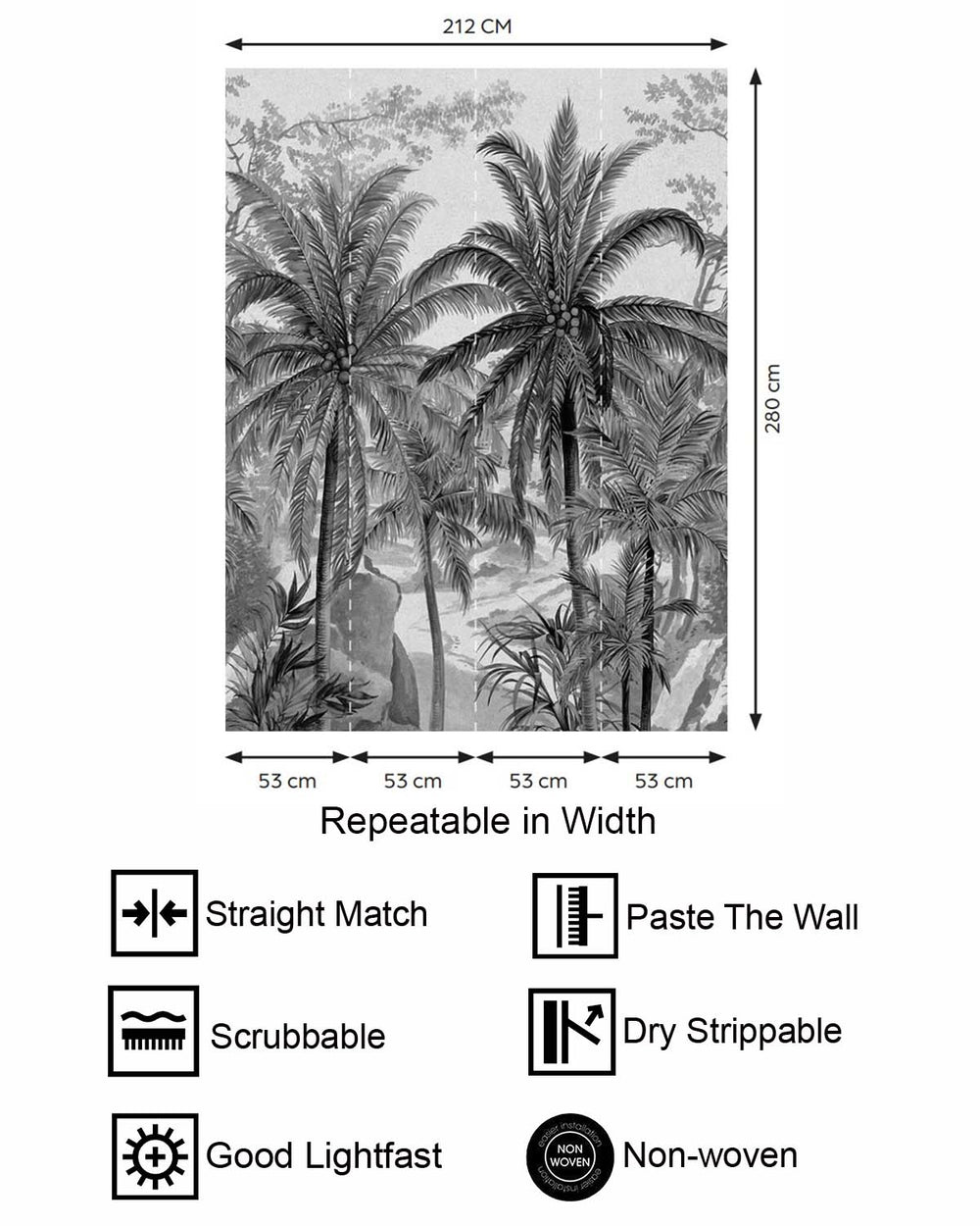 Dover Grey Monochrome Tropical Palm Tree  Wallpaper Panels RM9263