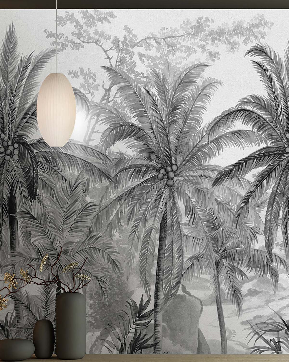 Dover Grey Monochrome Tropical Palm Tree  Wallpaper Panels RM9263