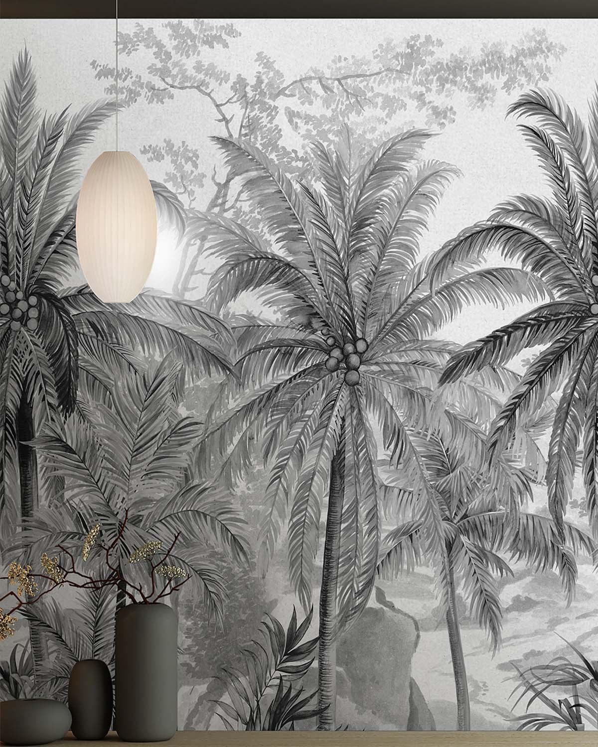 Dover Grey Monochrome Tropical Palm Tree  Wallpaper Panels RM9263