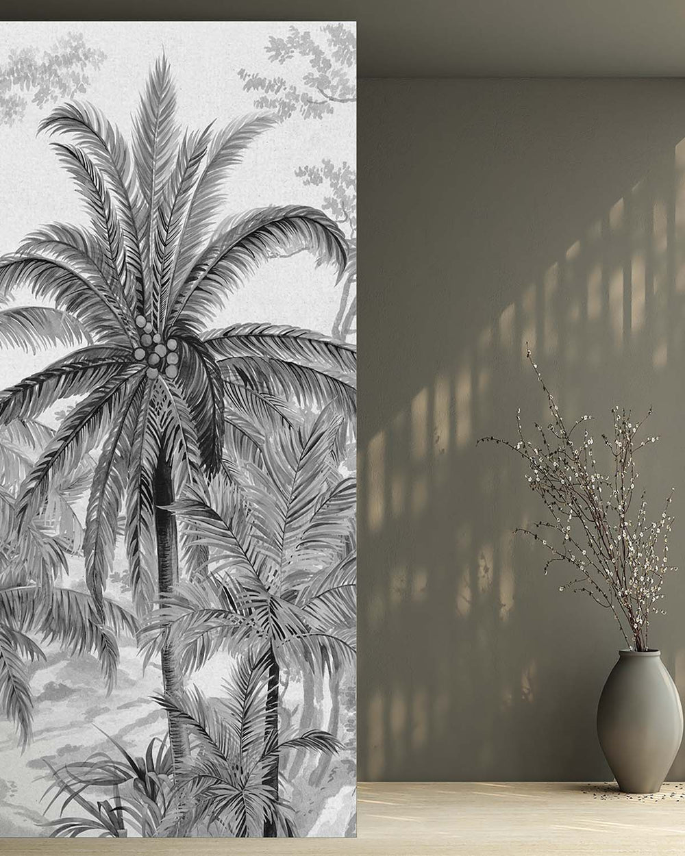 Dover Grey Monochrome Tropical Palm Tree  Wallpaper Panels RM9263