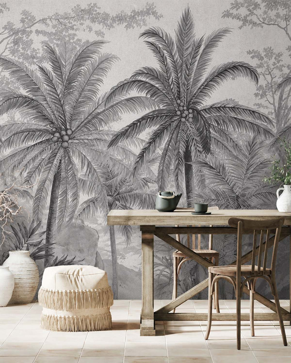 Dover Grey Monochrome Tropical Palm Tree  Wallpaper Panels RM9263