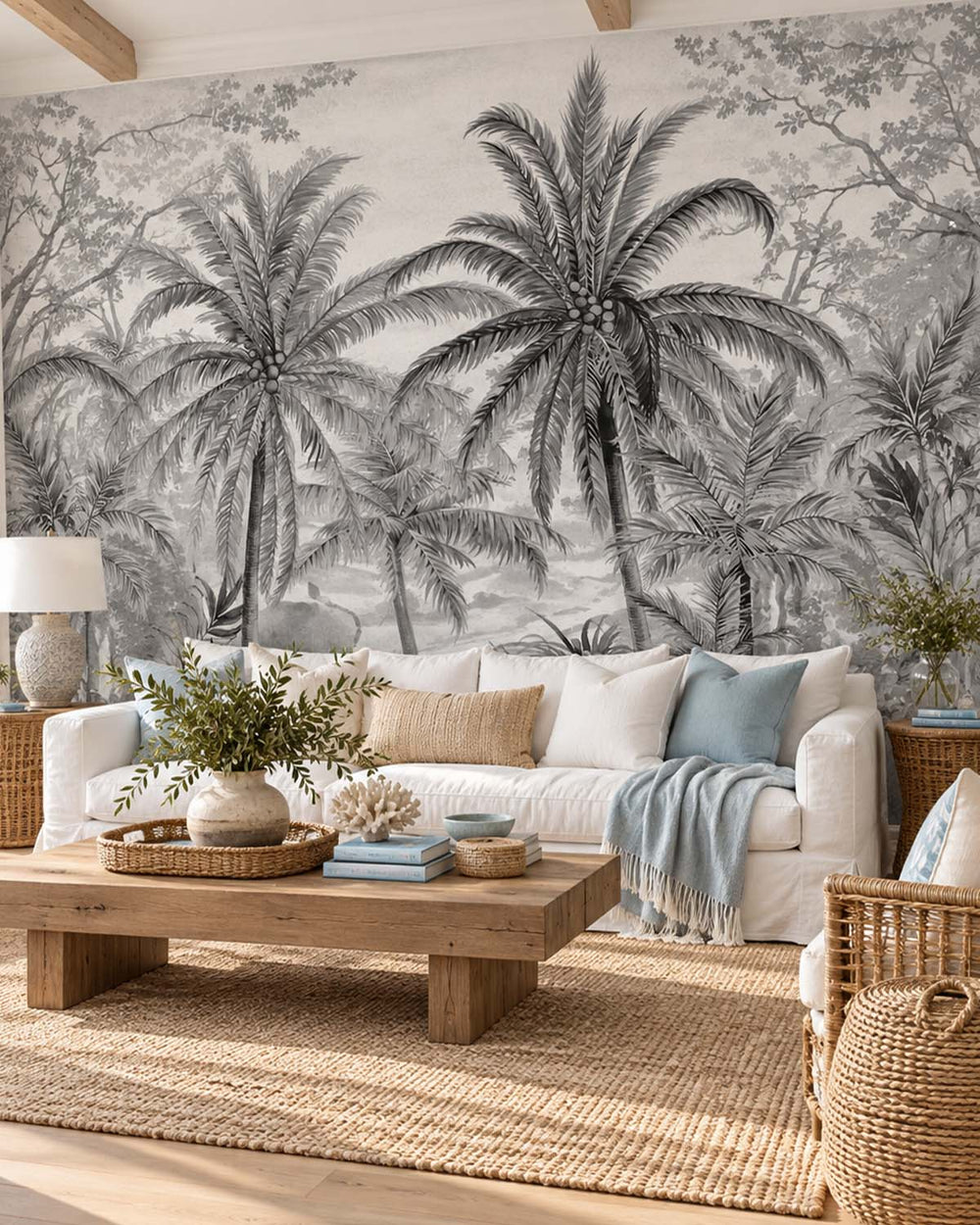 Dover Grey Monochrome Tropical Palm Tree  Wallpaper Panels RM9263