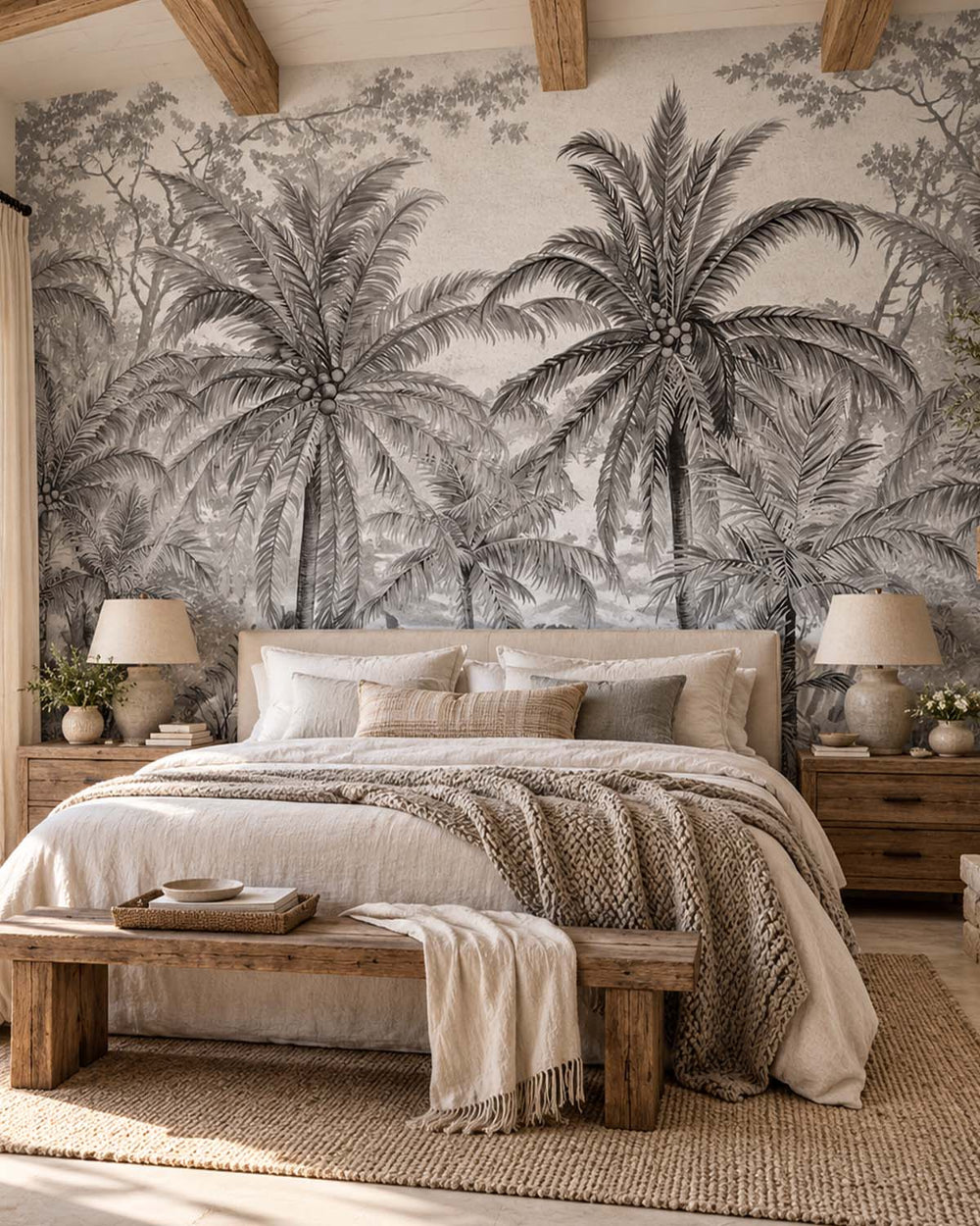 Dover Grey Monochrome Tropical Palm Tree  Wallpaper Panels RM9263