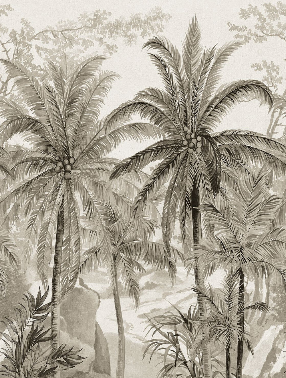 Feather Grey Monochrome Tropical Palm Tree  Residential Mural RM9264