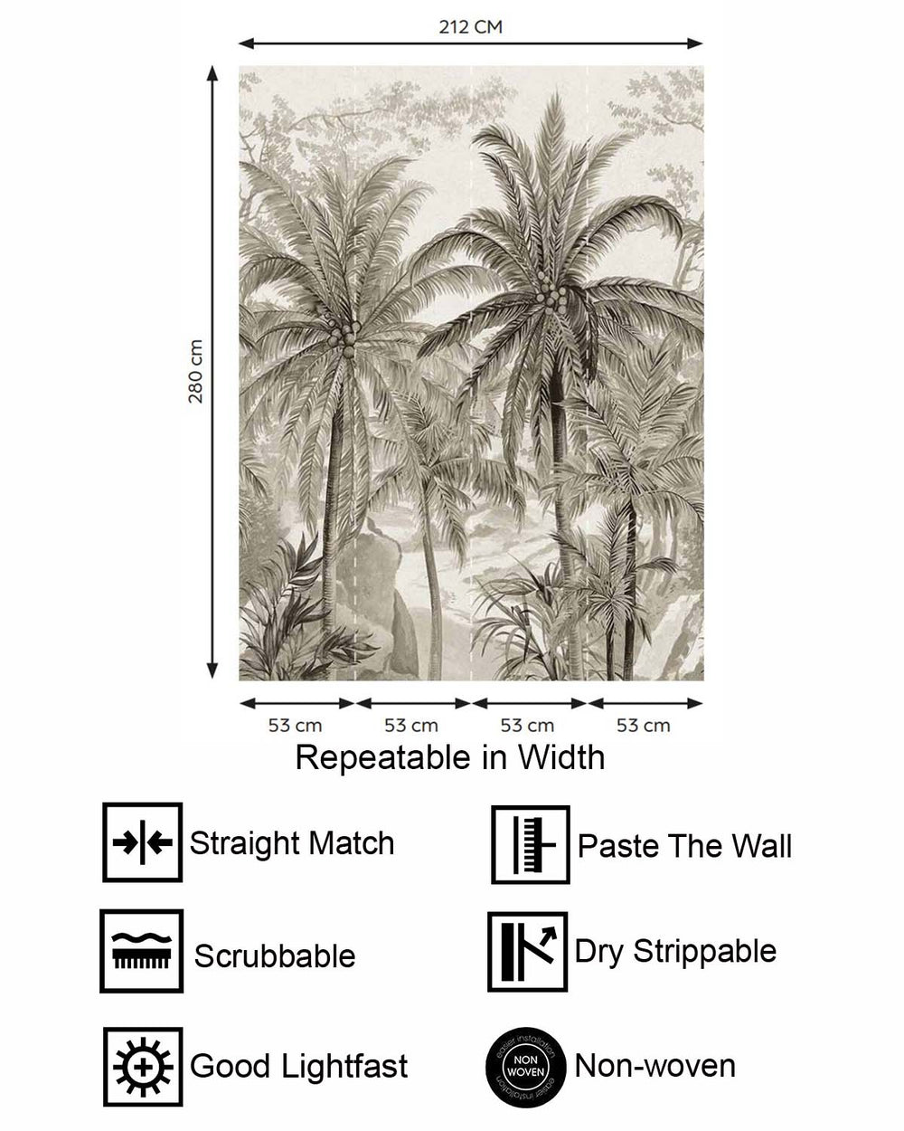 Feather Grey Monochrome Tropical Palm Tree  Residential Mural RM9264