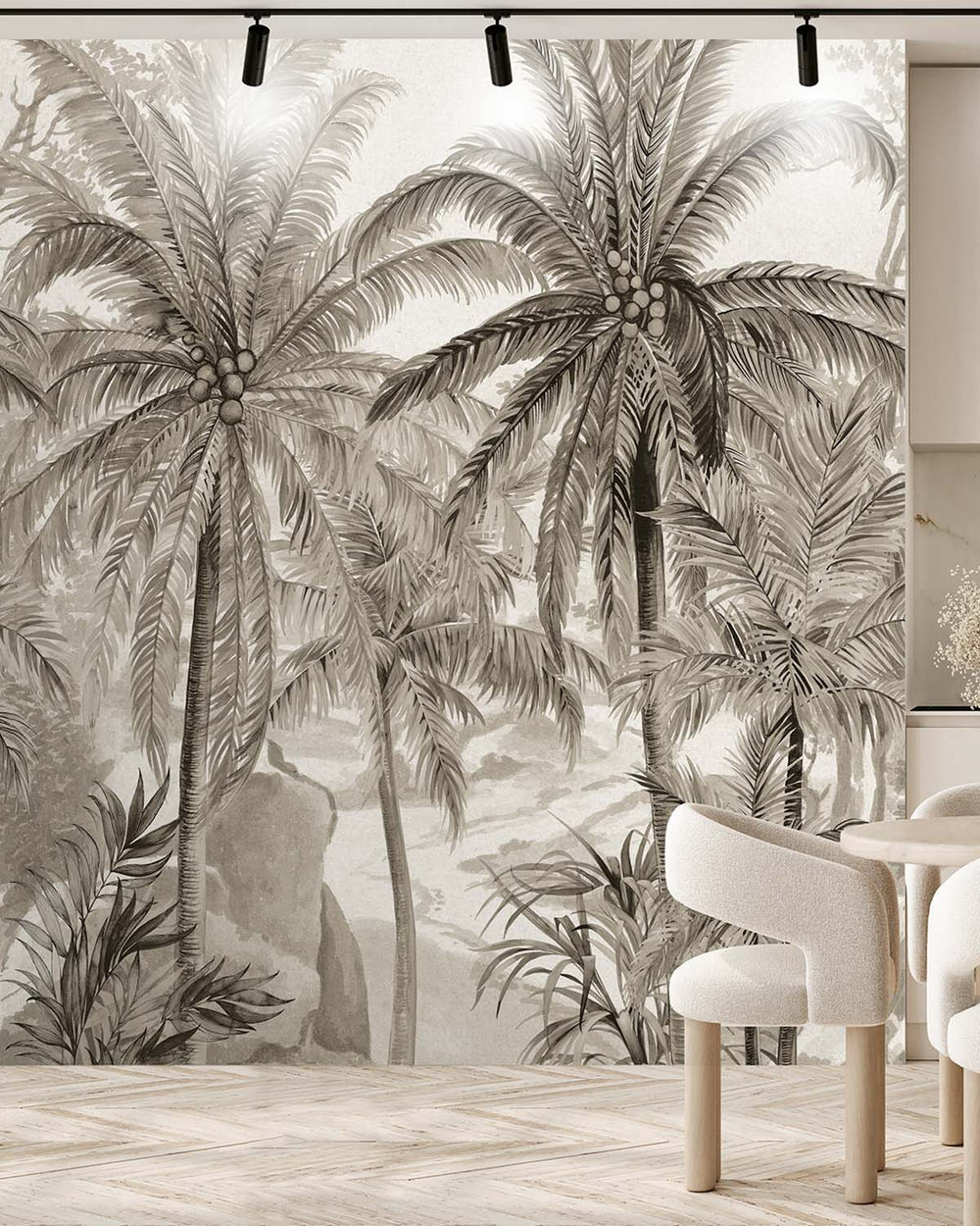 Feather Grey Monochrome Tropical Palm Tree  Residential Mural RM9264
